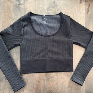 aerie Black Ribbed Scoop-Neck Long-Sleeve Crop Top